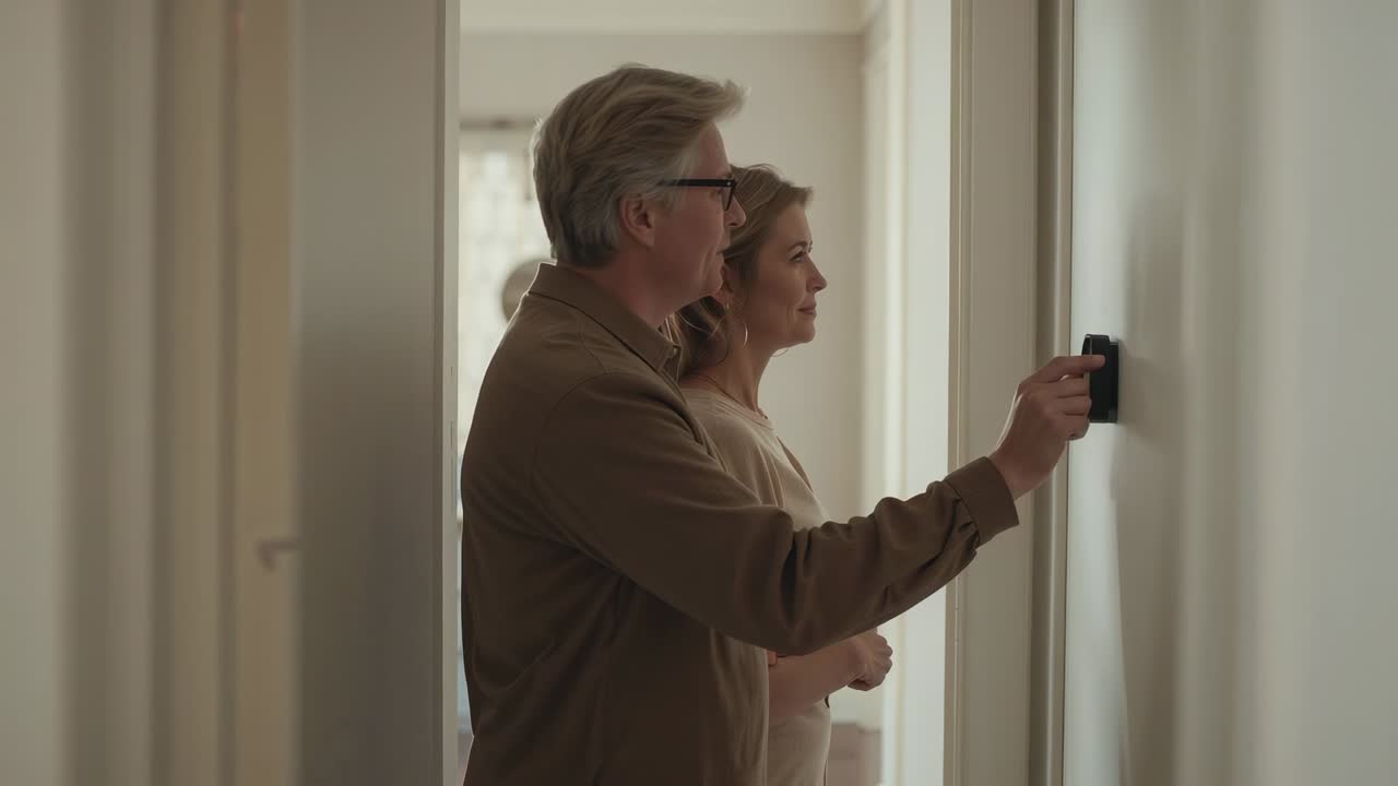 Pareja de ancianos, el hombre con gafas ajusta el termostato en el pasillo para el calor, la mujer observa.
