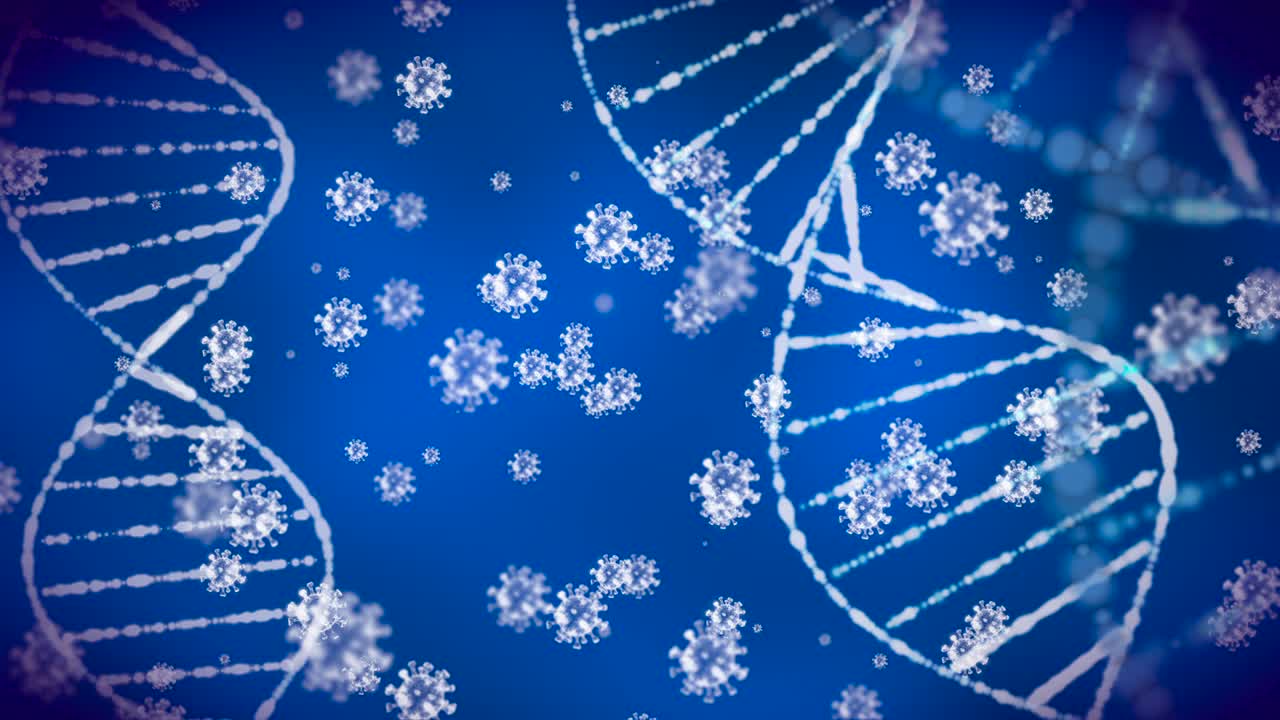 molécula de adn abstracta con una célula de virus de coronavirus - gráficos en movimiento (bucle)