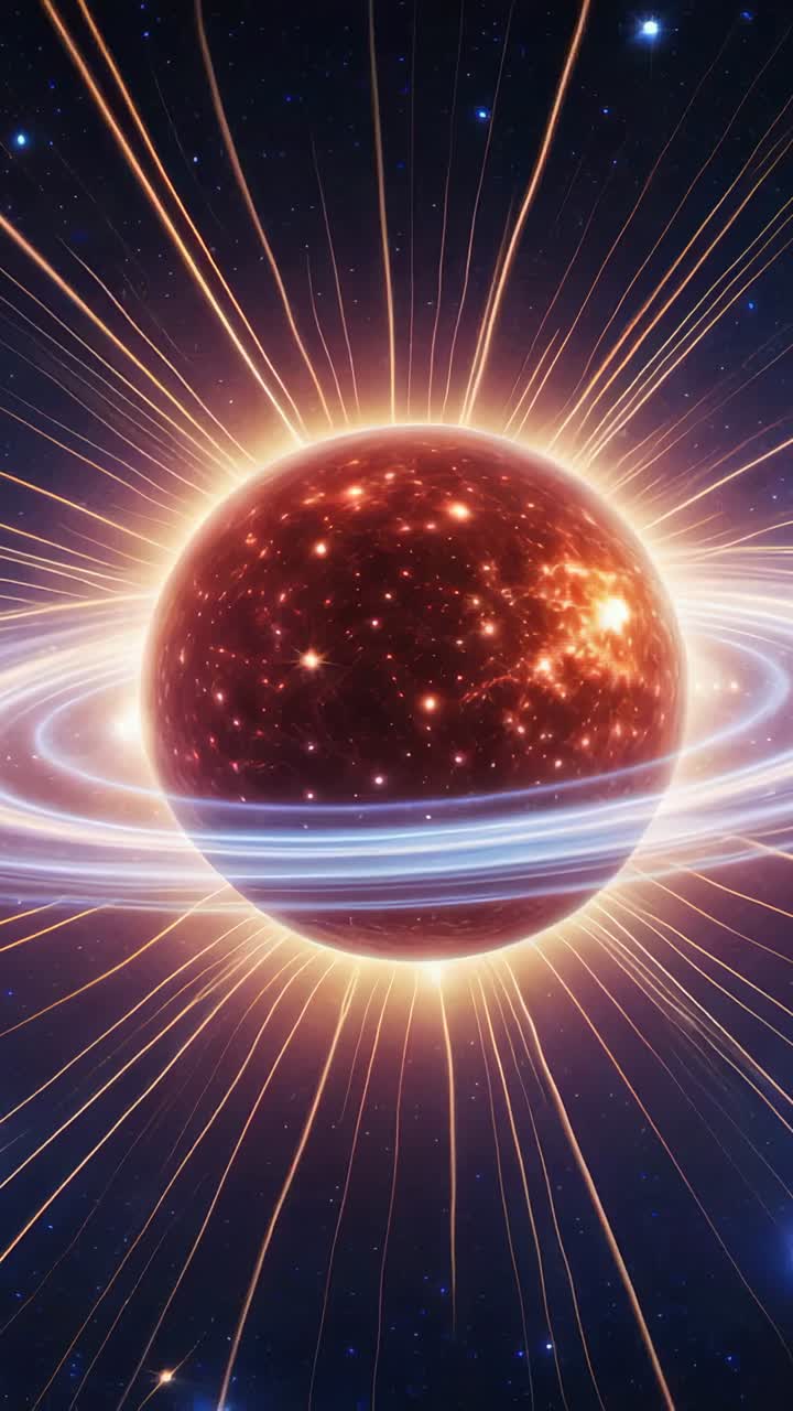 Vertical video: Emerging red sphere pulsing blue ring in starscape, with radial beams and stars