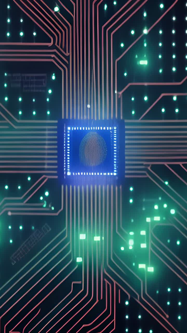 Vertical video: Pulsing chip starting fingerprint scan on neon circuit grid, with floating binary