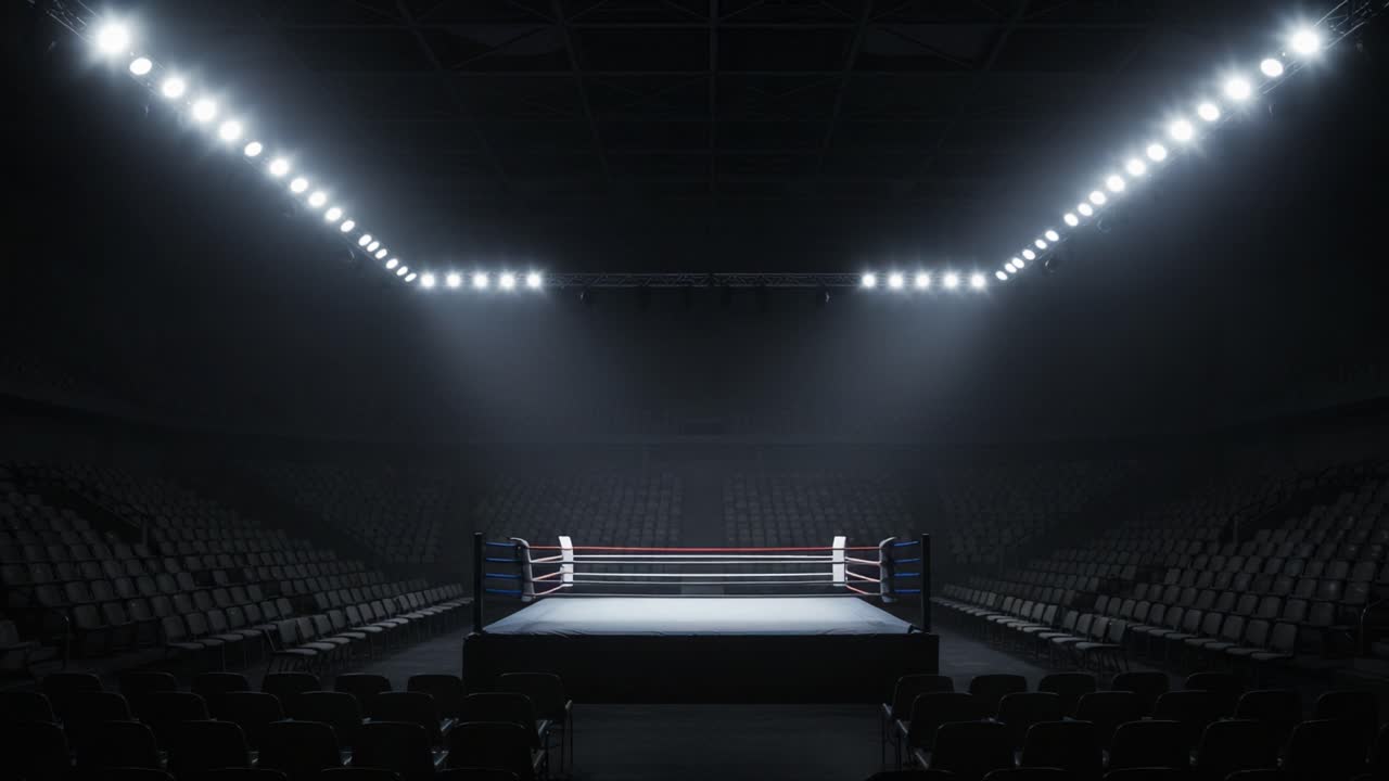 An Empty Boxring Awaits Action: A Dramatic Perspective on Sports Venue Lighting and Atmosphere Reflecting Anticipation in the Arena
