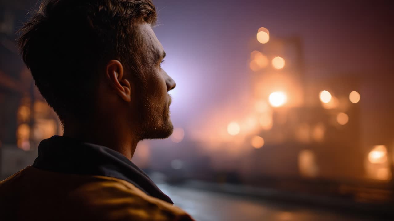 A man gazes into the night, captivated by a distant glow, as a mysterious scene unfolds before him, blending shadows and light in an urban landscape