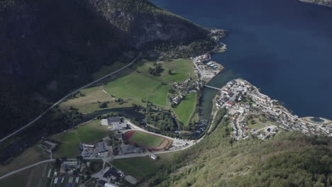 aerial view of a norwegian fjord village