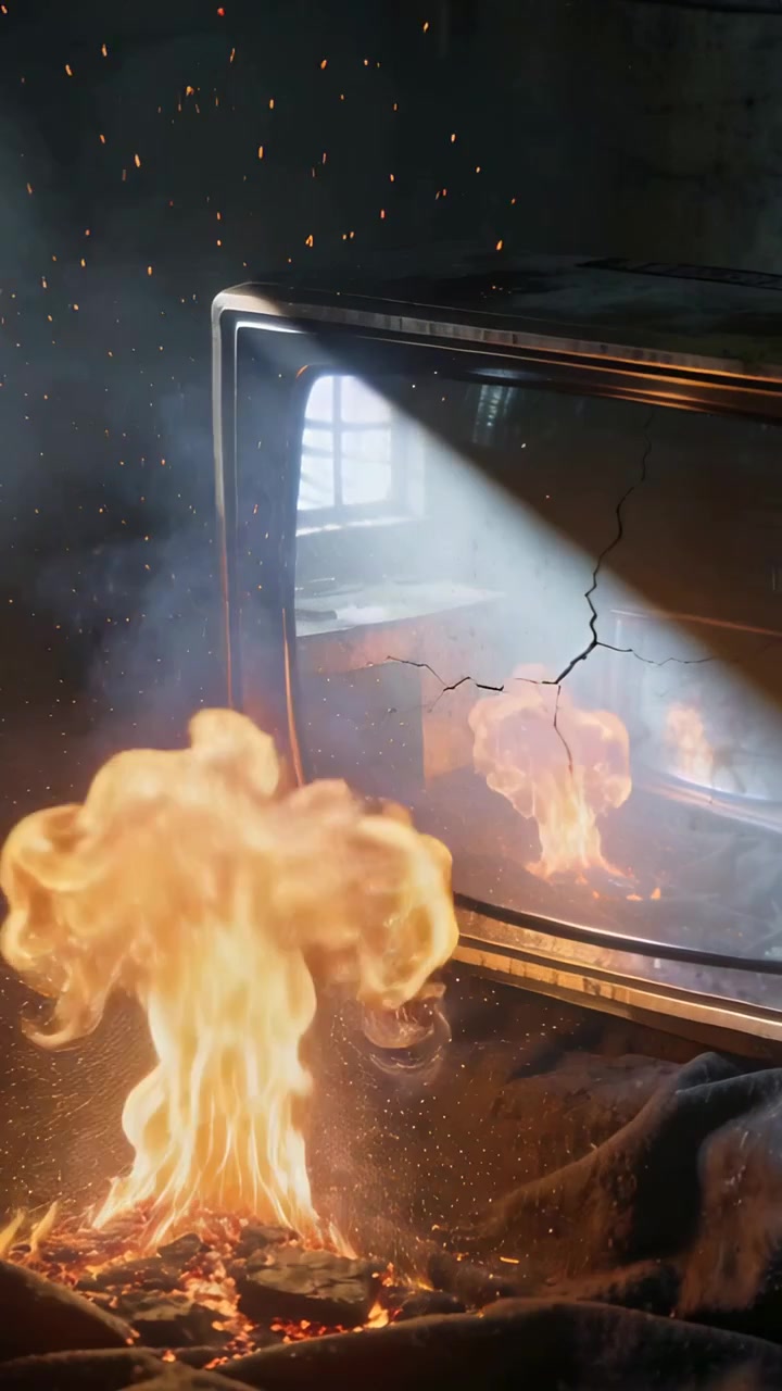 Vertical video: Burning debris igniting cloth on floor while CRT cracked screen showing window beam