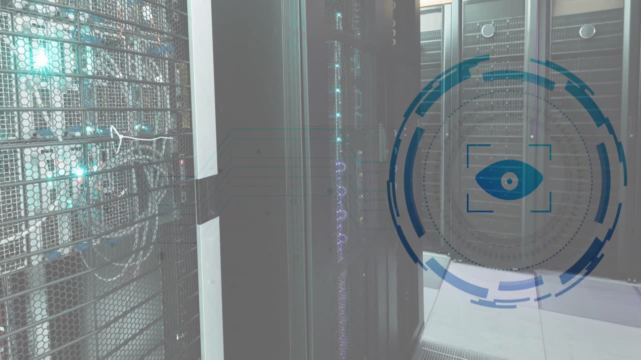 Animation of eye retina round scanner and microprocessor connections against computer server room