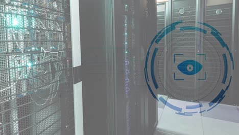 Animation-of-eye-retina-round-scanner-and-microprocessor-connections-against-computer-server-room