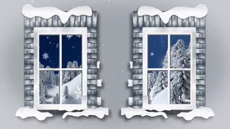 Animation-Einer-Weihnachtlichen-Winterlandschaft-Und-Fallendem-Schnee,-Gesehen-Durch-Fenster