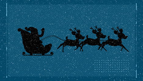 interface and snow falling over santa claus in sleigh being pulled by reindeers on blue background