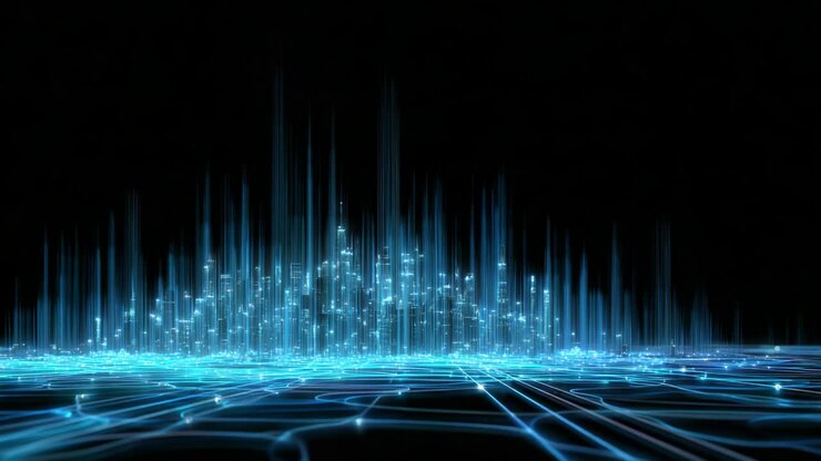 Visualizzazione dinamica di forme d'onda digitali che rappresentano la trasmissione di dati attraverso un paesaggio di rete futuristico con linee e picchi blu brillante, che mostra l'innovazione tecnologica nel flusso di informazioni