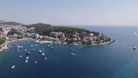 Croatia-Aerial:-Hvar,-Split-Dalmatia:-Picturesque-coastline-with-charming-harbour
