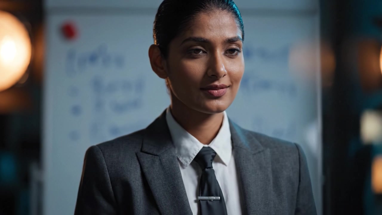 A professional woman in a gray suit stands confidently in front of a whiteboard, showcasing poise and determination in a corporate environment.