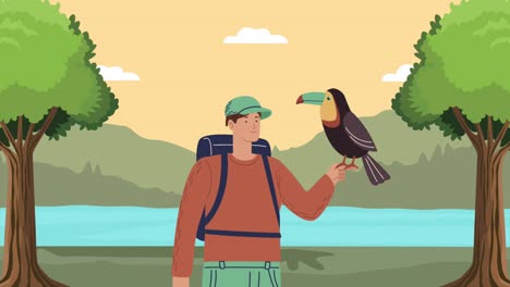 campista masculino con animación de la escena del tucano
