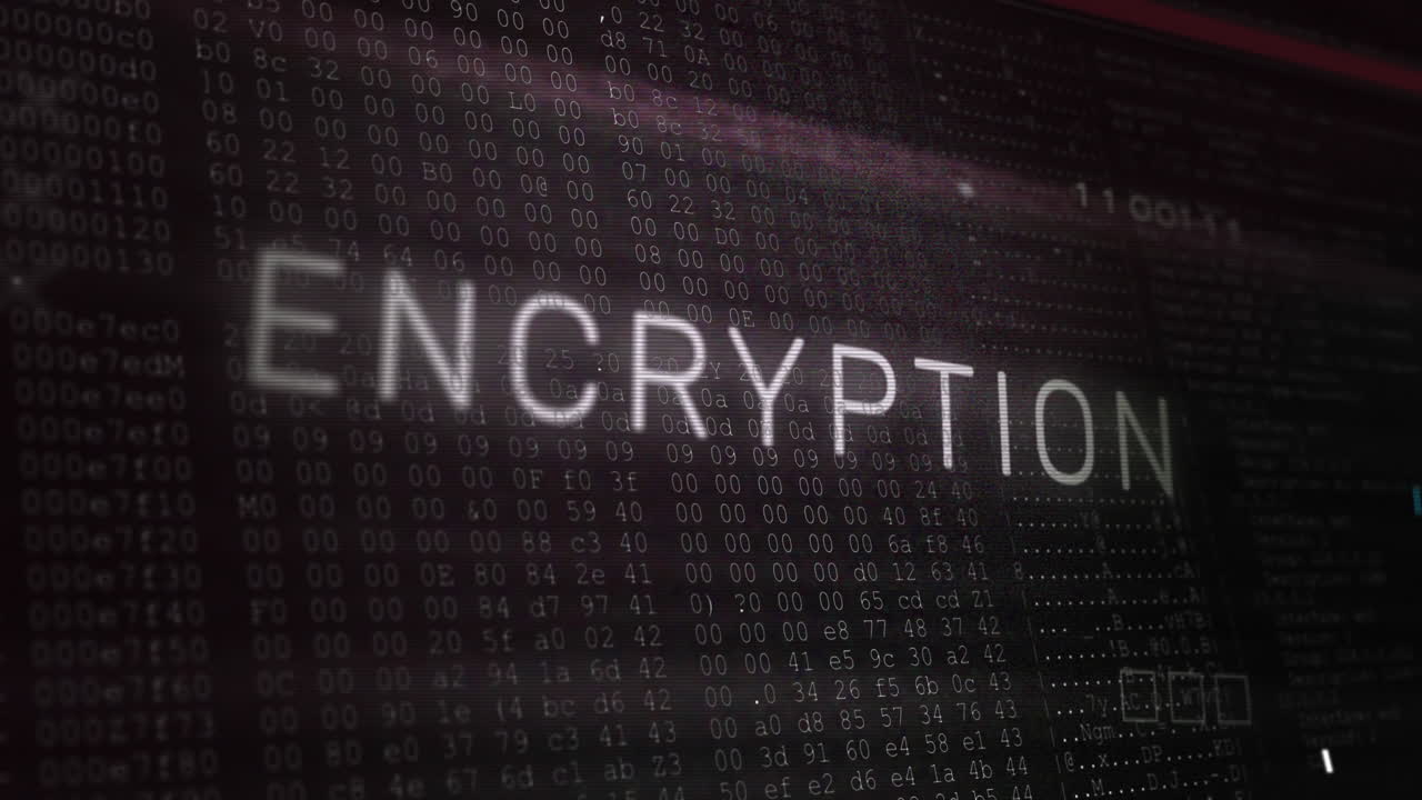 Animation of encryption text banner over microprocessor connections and binary coding