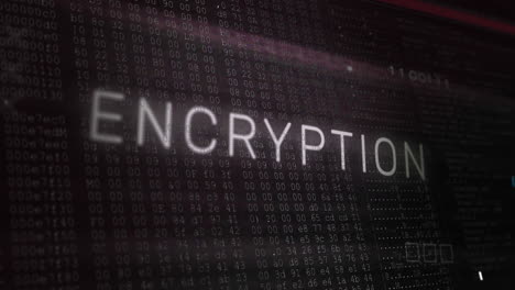 animation of encryption text banner over microprocessor connections and binary coding