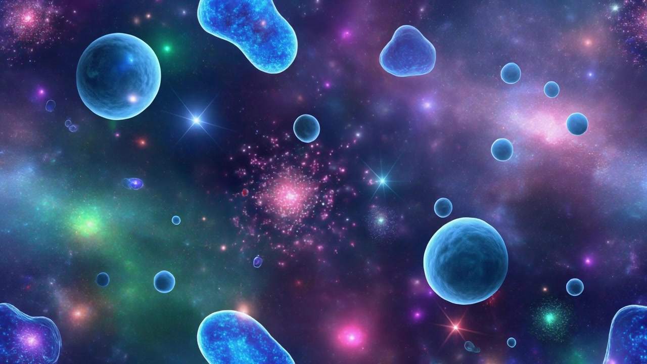 Sfondo cosmico astratto con sfere blu luminose fluttuanti e nebulosa