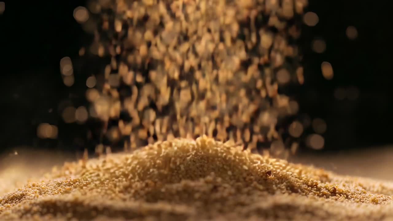 Golden granules falling onto studio floor under warm lighting, creating textured mound via gravity