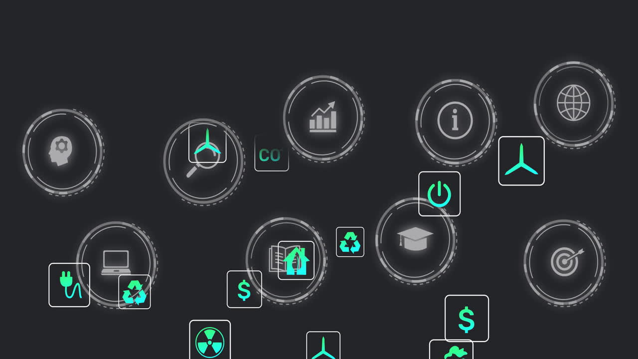 Eco-friendly animation with icons and symbols floating over dark background