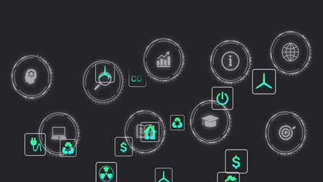 eco-friendly animation with icons and symbols floating over dark background