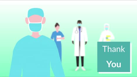 Animation-Eines-Blinkenden-Dankeswortes-Auf-Grünem-Hintergrund-Mit-Piktogrammen-Des-Medizinischen-Personals