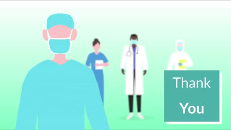 Animation-of-a-words-Thank-You-flashing-on-green-background-with-pictograms-of-medical-staff