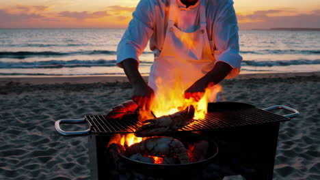 chef grilling lobster on the beach at sunset