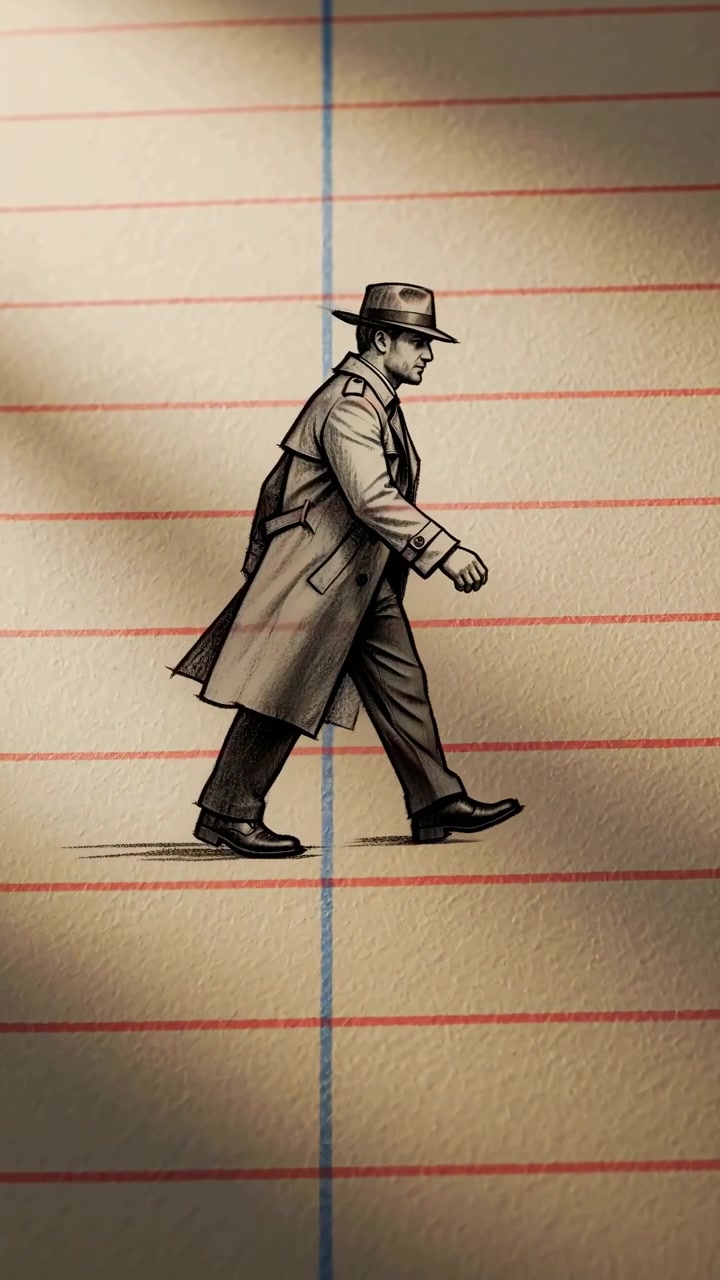 Un disegno a matita animato mostra una figura stilizzata che si sviluppa in un personaggio che cammina con cappotto e cappello, attraversando un foglio a righe da sinistra a destra sotto ombre morbide e un'illuminazione calda e texturizzata.