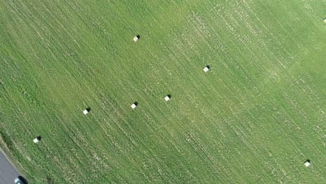 Toma-Aérea-De-Un-Campo-Agrícola-Con-Fardos-De-Heno