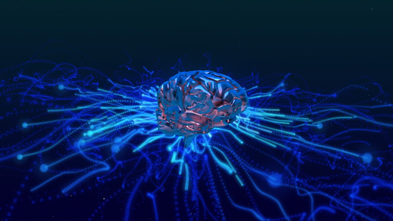 인간의 뇌 아이콘이 검은 배경에 반 ⁇ 이는 파란색 빛 트레일을 돌고 있습니다.