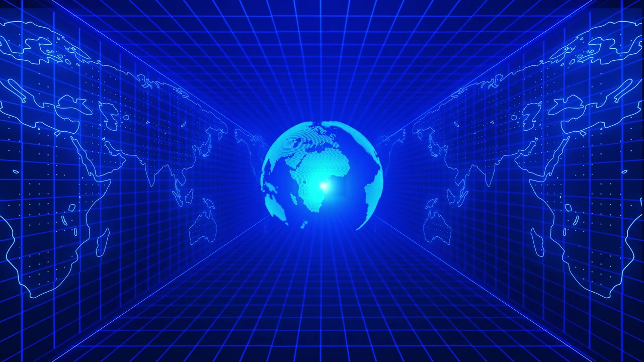 Futuristic world map tunnel visual with blue grid walls glowing earth center and global data
