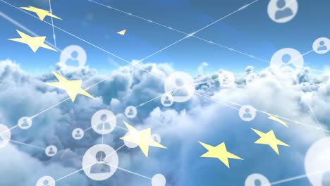animación de redes de conexiones y estrellas sobre nubes y cielo
