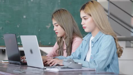 two asian girls student partners are working on a laptop help study together