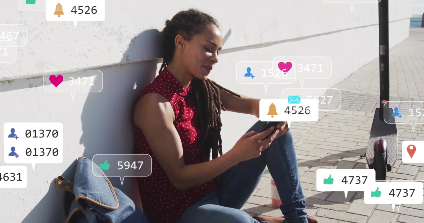 Woman checking social media by tapping smartphone, showing notification icons clustering fading