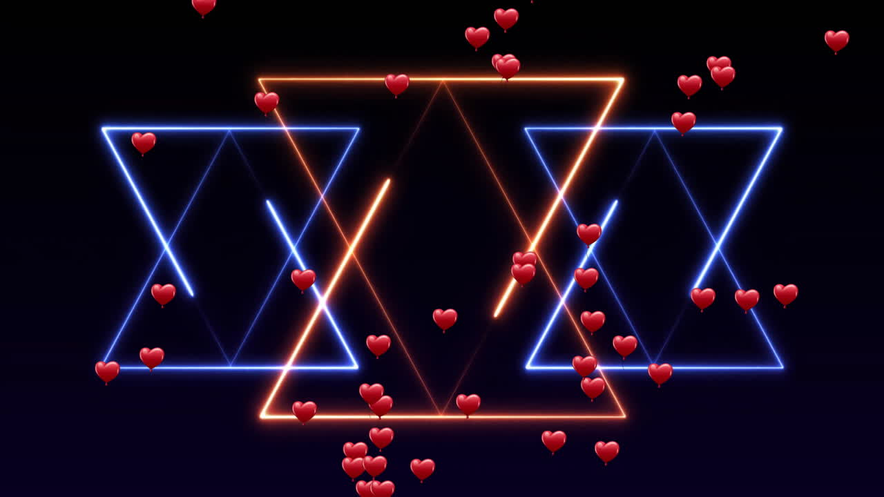 Neon triangles glowing center stage while heart balloons drifting across dark graphic scene