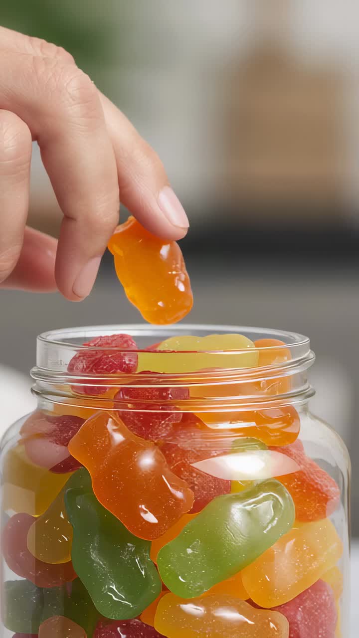 Vertical video: Entering frame, hand pinching and lifting orange gummy from jar in kitchen to eat