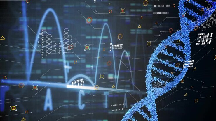 On UI load, DNA helix rotating, peaks rising, bases updating for sequencing display