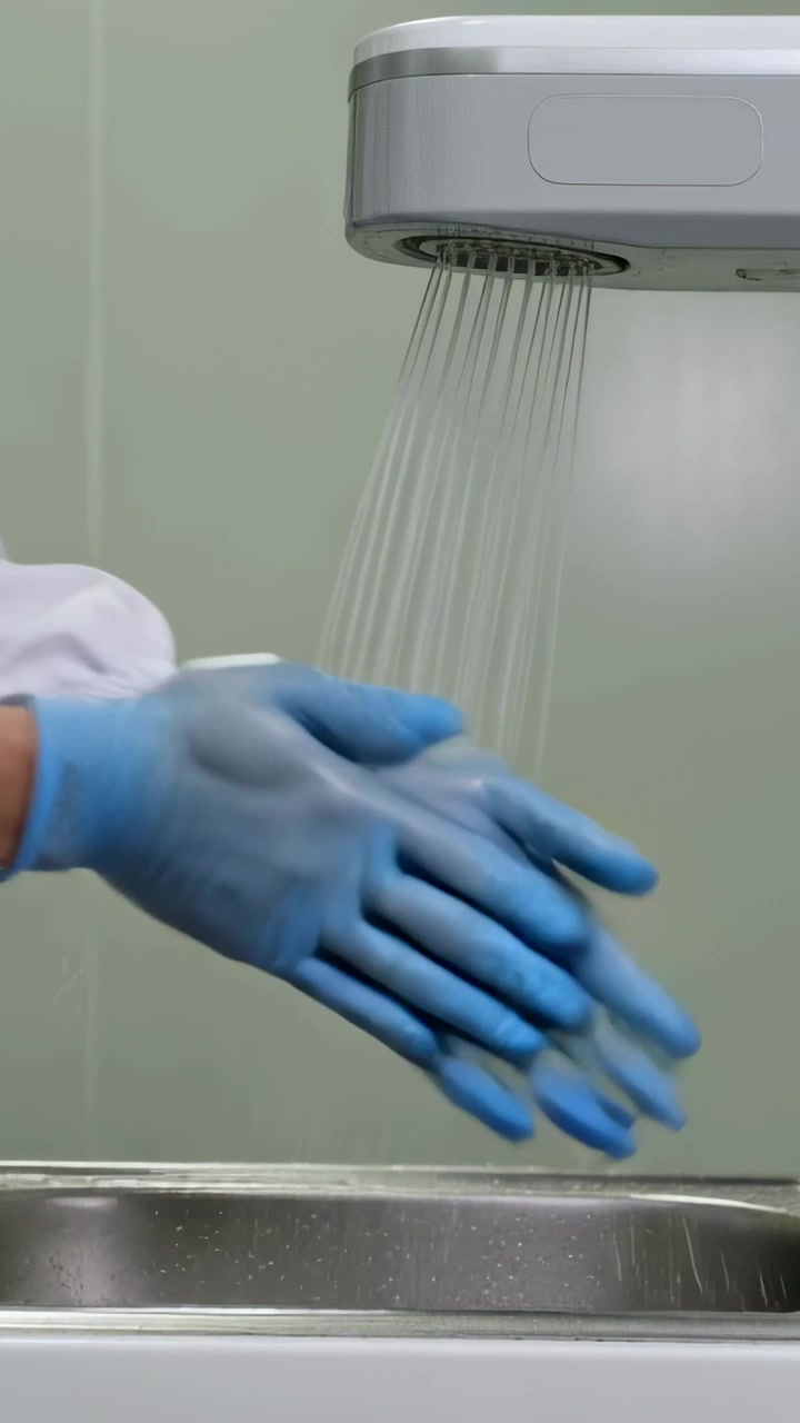 Vertikales Video: Spülende blau behandschuhte Hände zur Hygiene unter dem Wasserhahn an einem Laborwaschbecken, weiße Manschette sichtbar.