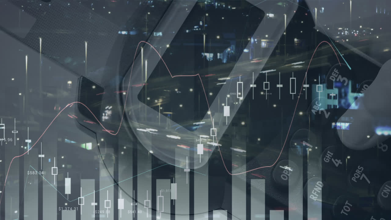 Animation of financial data over hand of man with payment terminal and timelapse of traffic
