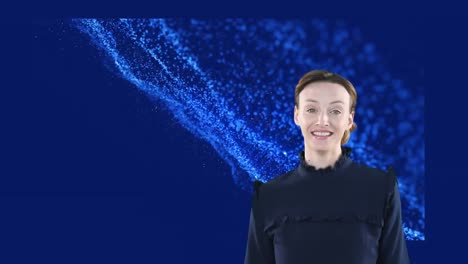 animation of caucasian woman over light spots on blue background