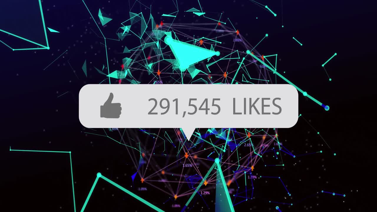 Speech bubble with thumbs up icon and increasing numbers against network of connections