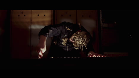 steampunk musician in a dark room