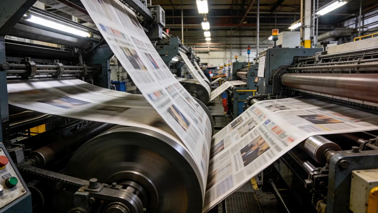 Feeding paper web running large press across rollers on print floor, operator in hi-vis monitoring