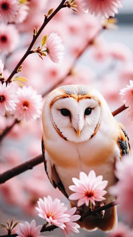barn owl in pink cherry blossoms