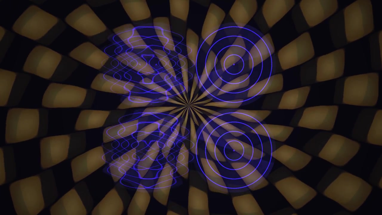 Abstraktní pohyblivá grafika s pulzujícími modrými geometrickými tvary a rotujícím pozadím
