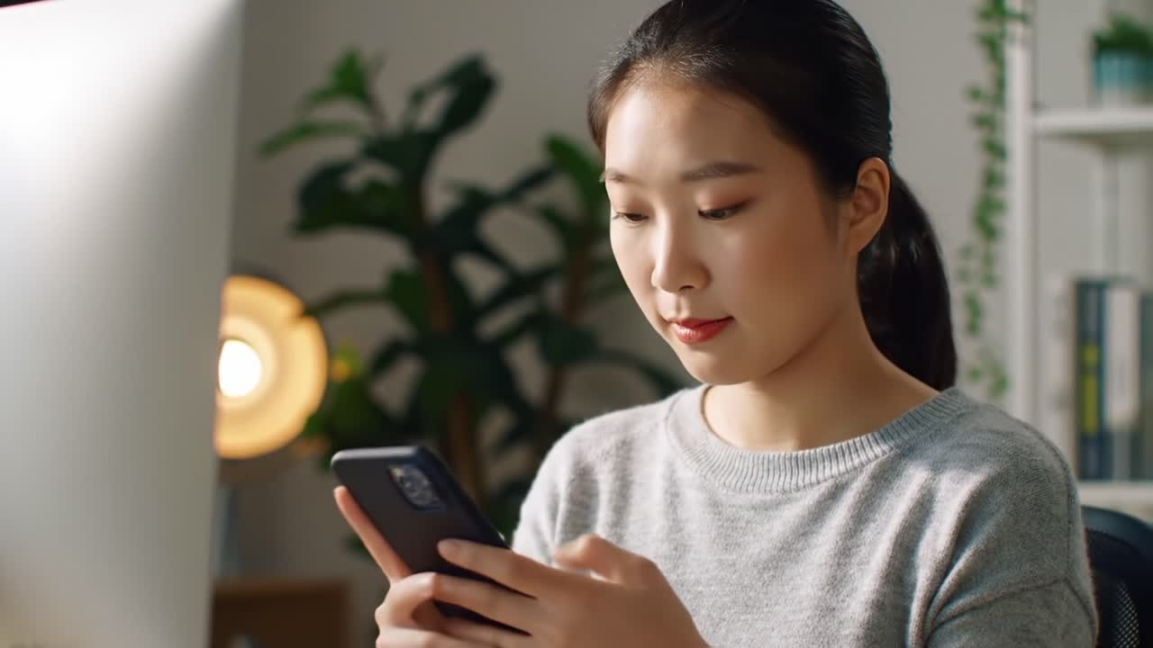 A young woman engaged in smartphone activity, absorbed in her screen while sitting in a cozy environment, with warm lighting and greenery in the background for a relaxed ambiance