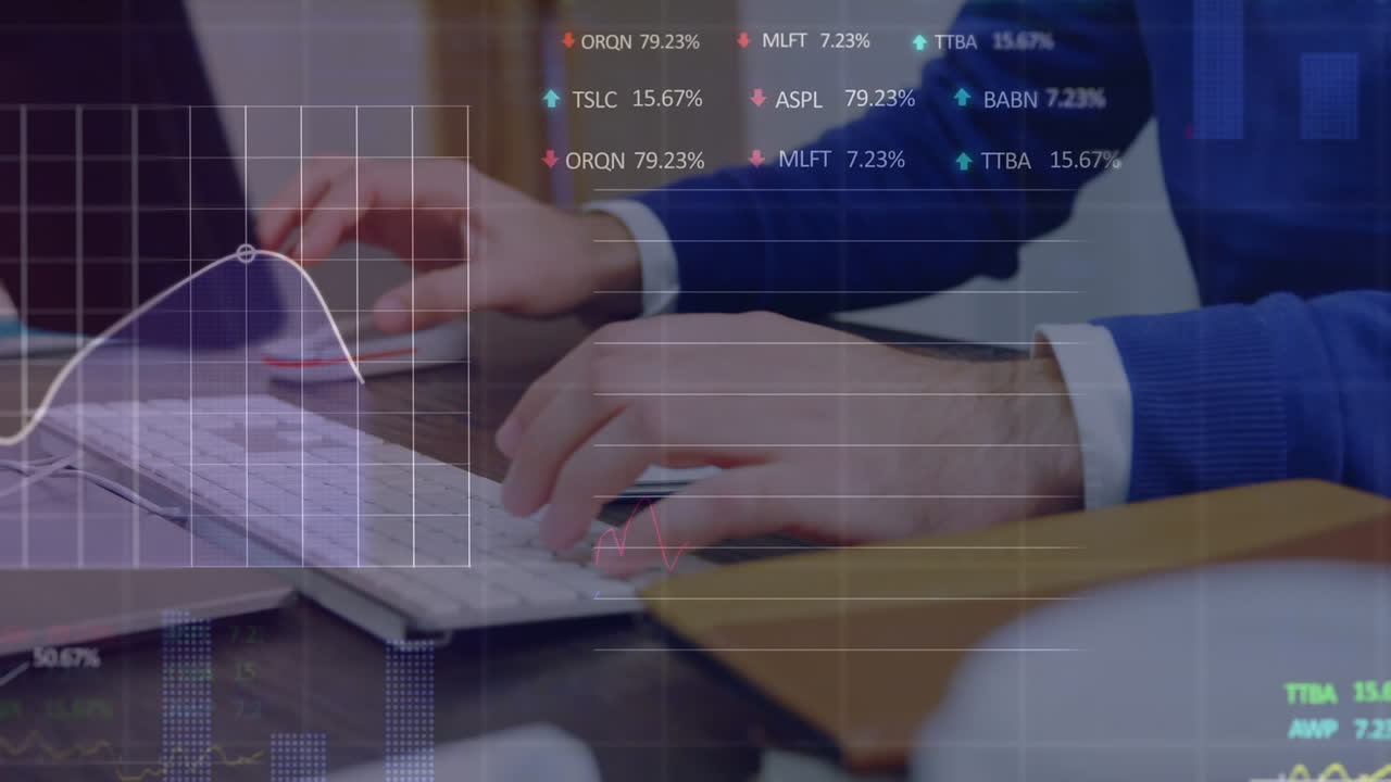 Animation of stock market data processing over mid section of businessman using computer at office
