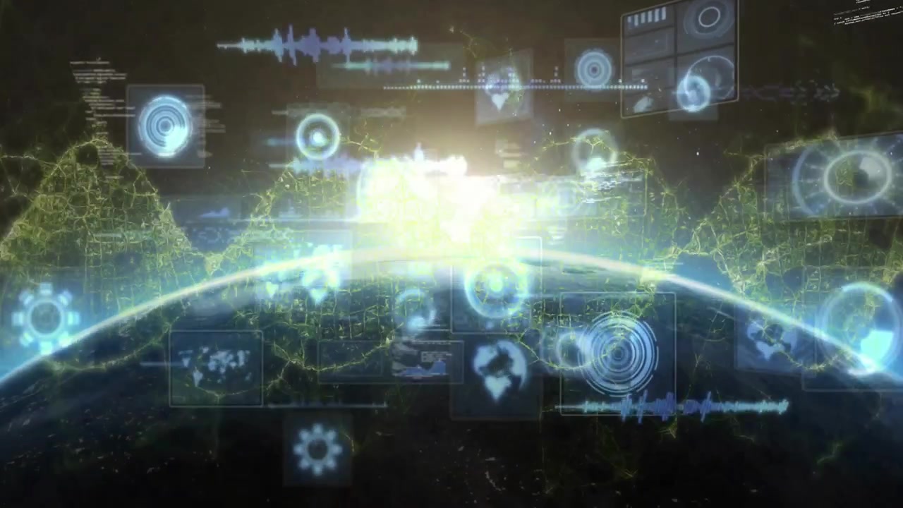 Stylized globe appearing rotating emitting sunrise and forming pulsing HUD panels for data insights