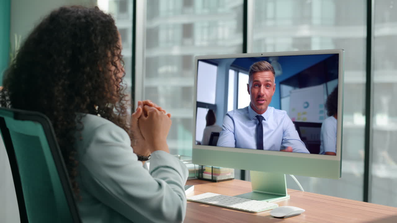 Woman listening video course at work desk office close up. Online conversation