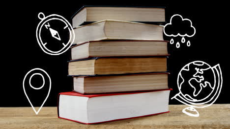 iconos del concepto de la escuela contra la pila de libros en la superficie de madera