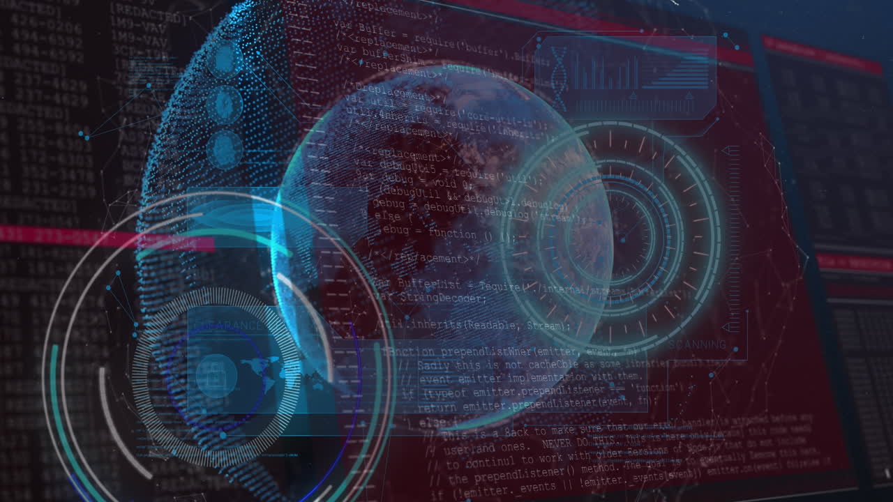 animación del procesamiento de datos en pantallas sobre el brillante planeta tierra