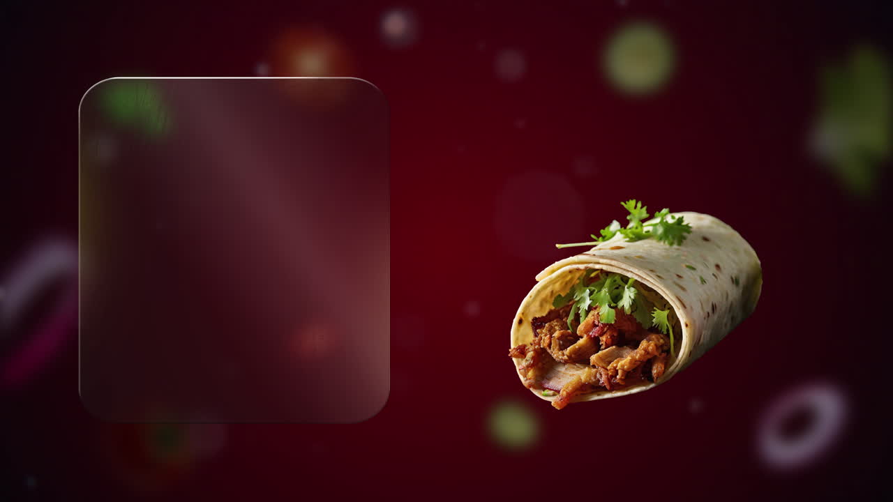 Crispy Pork Skin (Chicharron) doner gyros with parsley, cucumber Animation - (red background) - left glass panel ready for writing menu names or special deals